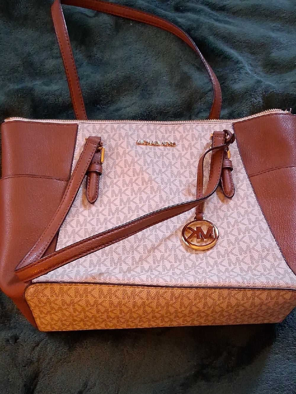 Michael Kors Brown and Cream Signature Tote with Gold Charm